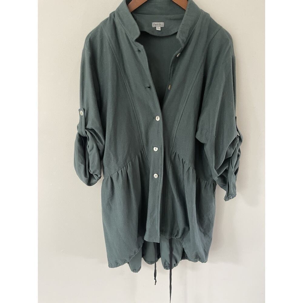 Just Jill Cotton Roll Tab Sleeve Jacket XXL Green Cotton Button Khaki Lagenlook